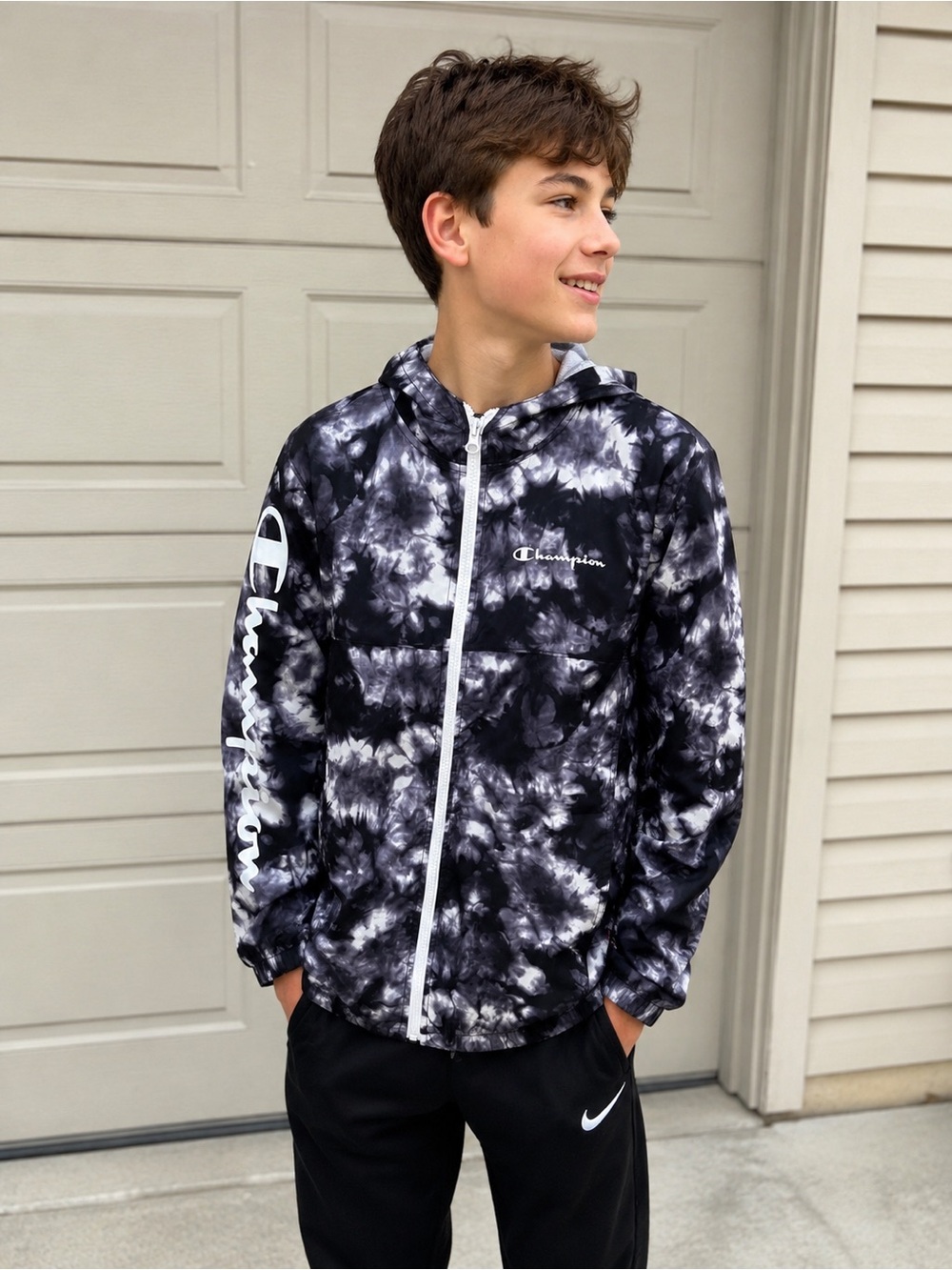 Champion Youth Tie Dye Windbreaker Jacket Black Gray Size Medium